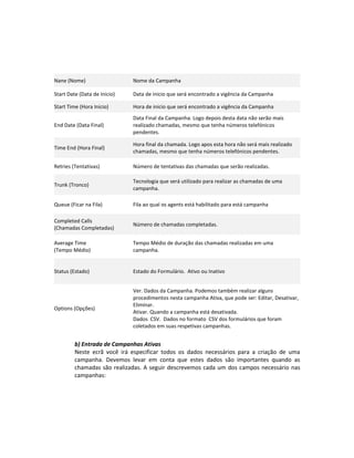 Nane (Nome)                   Nome da Campanha

Start Date (Data de Inicio)   Data de inicio que será encontrado a vigência da Campanha

Start Time (Hora Inicio)      Hora de inicio que será encontrado a vigência da Campanha
                              Data Final da Campanha. Logo depois desta data não serão mais
End Date (Data Final)         realizado chamadas, mesmo que tenha números telefónicos
                              pendentes.

                              Hora final da chamada. Logo apos esta hora não será mais realizado
Time End (Hora Final)
                              chamadas, mesmo que tenha números telefónicos pendentes.

Retries (Tentativas)          Número de tentativas das chamadas que serão realizadas.

                              Tecnologia que será utilizado para realizar as chamadas de uma
Trunk (Tronco)
                              campanha.

Queue (Ficar na Fila)         Fila ao qual os agents está habilitado para está campanha

Completed Calls
                              Número de chamadas completadas.
(Chamadas Completadas)

Average Time                  Tempo Médio de duração das chamadas realizadas em uma
(Tempo Médio)                 campanha.


Status (Estado)               Estado do Formulário. Ativo ou Inativo


                              Ver. Dados da Campanha. Podemos também realizar alguns
                              procedimentos nesta campanha Ativa, que pode ser: Editar, Desativar,
                              Eliminar.
Options (Opções)
                              Ativar. Quando a campanha está desativada.
                              Dados CSV. Dados no formato CSV dos formulários que foram
                              coletados em suas respetivas campanhas.


         b) Entrada de Campanhas Ativas
         Neste ecrã você irá especificar todos os dados necessários para a criação de uma
         campanha. Devemos levar em conta que estes dados são importantes quando as
         chamadas são realizadas. A seguir descrevemos cada um dos campos necessário nas
         campanhas:
 
