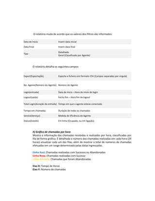 O relatório muda de acordo que os valores dos filtros são informados:

Data de Inicio                Inserir data inicial

Data Final                    Inserir data final

                              Detalhado
Tipo
                              Geral (Classificado por Agente)



        O relatório detalha os seguintes campos:


Export(Exportação)            Exporta o ficheiro em formato CSV (Campos separados por virgula)


No. Agente(Número do Agente) Número do Agente

Login(entrada)                Data de inicio – Hora de inicio do login

Logout(saída)                 Fecha fim – Hora fim de logout

Total Login(duração da entrada) Tempo em que o agente esteve conectado

Tempo em chamadas             Duração de todas as chamadas

Service(Serviço)              Medida de Eficiência do Agente

Status(Estado)                Em linha (Ocupado, ou em ligação).



        h) Gráfico de chamadas por hora
        Mostra a informação das chamadas recebidas e realizadas por hora, classificadas por
        fila de forma gráfica. É detalhada o número das chamadas realizadas em cada hora (24
        horas) visualizar cada um das filas, além de mostrar o total de números de chamadas
        efetuadas em um range determinada pelas datas ingressadas.

        Linha Azul. Chamadas realizadas com Sucessos ou Abandonadas
        Linha Roxa. Chamadas realizadas com Sucesso
        Linha Amarela. Chamadas que foram Abandonadas

        Eixo X: Tempo de Horas
        Eixo Y: Número de chamadas
 