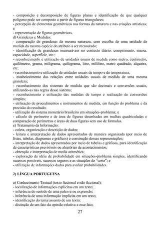 27
- composição e decomposição de figuras planas e identificação de que qualquer
polígono pode ser composto a partir de figuras triangulares;
- percepção de elementos geométricos nas formas da natureza e nas criações artísticas;
e
- representação de figuras geométricas.
d) Grandezas e Medidas:
- comparação de grandezas de mesma natureza, com escolha de uma unidade de
medida da mesma espécie do atributo a ser mensurado;
- identificação de grandezas mensuráveis no contexto diário: comprimento, massa,
capacidade, superfície, etc.;
- reconhecimento e utilização de unidades usuais de medida como metro, centímetro,
quilômetro, grama, miligrama, quilograma, litro, mililitro, metro quadrado, alqueire,
etc;
- reconhecimento e utilização de unidades usuais de tempo e de temperatura;
- estabelecimento das relações entre unidades usuais de medida de uma mesma
grandeza;
- reconhecimento dos sistemas de medida que são decimais e conversões usuais,
utilizando-as nas regras desse sistema;
- reconhecimento e utilização das medidas de tempo e realização de conversões
simples;
- utilização de procedimentos e instrumentos de medida, em função do problema e da
precisão do resultado;
- utilização do sistema monetário brasileiro em situações-problema; e
- cálculo de perímetro e de área de figuras desenhadas em malhas quadriculadas e
comparação de perímetros e áreas de duas figuras sem uso de formulas.
e) Tratamento da Informação:
- coleta, organização e descrição de dados;
- leitura e interpretação de dados apresentados de maneira organizada (por meio de
listas, tabelas, diagramas e gráficos) e construção dessas representações;
- interpretação de dados apresentados por meio de tabelas e gráficos, para identificação
de características previsíveis ou aleatórias de acontecimentos;
- obtenção e interpretação de media aritmética;
- exploração da idéia de probabilidade em situações-problema simples, identificando
sucessos possíveis, sucessos seguros e as situações de “sorte”; e
- utilização de informações dadas para avaliar probabilidades.
2) LÍNGUA PORTUGUESA
a) Conhecimento Textual (texto ficcional e não ficcional):
- localização de informações explicitas em um texto;
- inferência do sentido de uma palavra ou expressão;
- inferência de uma informação implícita em um texto;
- identificação do tema/assunto de um texto;
- distinção de um fato da opinião relativa a esse fato;
 