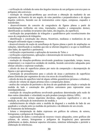 30
- verificação da validade da soma dos ângulos internos de um polígono convexo para os
polígonos não-convexos;
- resolução de situações-problema que envolvam a obtenção da mediatriz de um
segmento, da bissetriz de um angulo, de retas paralelas e perpendiculares e de alguns
ângulos notáveis, fazendo uso de instrumentos como régua, compasso, esquadro e
transferidor;
- desenvolvimento do conceito de congruência de figuras planas a partir de
transformações (reflexões em retas, translações, rotações e composições destas),
identificando as medidas invariantes (dos lados, dos ângulos, da superfície);
- verificação das propriedades de triângulos e quadriláteros pelo reconhecimento dos
casos de congruência de triângulos;
- identificação e construção das alturas, bissetrizes, medianas e mediatrizes de um
triangulo utilizando régua e compasso;
- desenvolvimento da noção de semelhança de figuras planas a partir de ampliações ou
reduções, identificando as medidas que não se alteram (ângulos) e as que se modificam
(dos lados, da superfície e perímetro);
- verificações experimentais e aplicações do teorema de Tales; e
- verificações experimentais, aplicações e demonstração do teorema de Pitágoras.
c) Grandezas e Medidas:
- resolução de situações-problema envolvendo grandezas (capacidade, tempo, massa,
temperatura) e as respectivas unidades de medida, fazendo conversões adequadas para
efetuar cálculos e expressar resultado;
- cálculo da área de superfícies planas por meio da composição e decomposição de
figuras e por aproximações;
- construção de procedimentos para o calculo de áreas e perímetros de superfícies
planas (limitadas por segmentos de reta e/ou arcos de circunferência);
- cálculo da área da superfície total de alguns sólidos geométricos (prismas e cilindros);
- cálculo do volume de alguns prismas retos e composições destes;
- analise das variações do perímetro e da área de um quadrado em relação a variação da
medida do lado e construção dos gráficos cartesianos para representar essas
interdependências;
- resolução de situações-problema envolvendo grandezas determinadas pela razão de
duas outras (densidade e velocidade) ou pelo produto (energia elétrica: kWh);
- compreensão dos termos algarismo duvidoso, algarismo significativo e erro de
medição, na utilização de instrumentos de medida; e
- estabelecimento da relação entre a medida da diagonal e a medida do lado de um
quadrado e a relação entre as medidas do perímetro e do diâmetro de um circulo.
d) Tratamento da Informação:
- leitura e interpretação de dados expressos em gráficos de colunas, de setores,
histogramas e polígonos de frequência;
- organização de dados e construção de recursos visuais adequados, como gráficos (de
colunas, de setores, histogramas e polígonos de frequência) para apresentar
globalmente os dados, destacar aspectos relevantes, sintetizar informações e permitir a
elaboração de inferências;
 