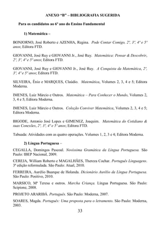 33
ANEXO “B” – BIBLIOGRAFIA SUGERIDA
Para os candidatos ao 6º ano do Ensino Fundamental
1) Matemática –
BONJORNO, José Roberto e AZENHA, Regina. Pode Contar Comigo, 2º, 3º, 4º e 5º
anos; Editora FTD.
GIOVANNI, José Ruy e GIOVANNI Jr., José Ruy. Matemática: Pensar & Descobrir,
2º, 3º, 4º e 5º anos; Editora FTD.
GIOVANNI, José Ruy e GIOVANNI Jr., José Ruy. A Conquista da Matemática, 2º,
3º, 4º e 5º anos; Editora FTD.
SILVEIRA, Ênio e MARQUES, Claúdio. Matemática, Volumes 2, 3, 4 e 5; Editora
Moderna.
IMENES, Luiz Márcio e Outros. Matemática – Para Conhecer o Mundo, Volumes 2,
3, 4 e 5; Editora Moderna.
IMENES, Luiz Márcio e Outros. Coleção Conviver Matemática, Volumes 2, 3, 4 e 5;
Editora Moderna.
BIGODE, Antonio José Lopes e GIMENEZ, Joaquim. Matemática do Cotidiano &
suas Conexões, 2º, 3º, 4º e 5º anos; Editora FTD.
Tabuada: Atividades com as quatro operações. Volumes 1, 2, 3 e 4; Editora Moderna.
2) Língua Portuguesa –
CEGALLA, Domingos Pascoal. Novíssima Gramática da Língua Portuguesa. São
Paulo: IBEP Nacional, 2009.
CEREJA, William Roberto e MAGALHÃES, Thereza Cochar. Português Linguagens.
3ª edição reformulada. São Paulo: Atual, 2010.
FERREIRA, Aurélio Buarque de Holanda. Dicionário Aurélio da Língua Portuguesa.
São Paulo: Positivo, 2010.
MARSICO, Mª Teresa e outros. Marcha Criança. Língua Portuguesa. São Paulo:
Scipione, 2008.
PROJETO ARARIBÁ. Português. São Paulo: Moderna, 2007.
SOARES, Magda. Português: Uma proposta para o letramento. São Paulo: Moderna,
2003.
 