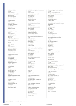 CAPS Jovem Cidadão
CAPSad
Público Municipal
Rua Leonardo Arcoverde, 250
Bairro: Jaguaribe
(83) 218-7379/218-5902
João Pessoa – Paraíba

CAPS do Centro Psiquiátrico Metropolitano
CAPS II
Público Estadual
Travessa João Prosdócimo, 139
Bairro: Alto da XV
Cep: 80060-220
(41) 264-6462
cpm2000@ieg.com.br
Curitiba – Paraná
CAPS Dr. Walter Alberto Pécorts
CAPS II
Público Municipal
Rua Antonio Carneiro Neto, 380
Bairro: Alvorada
Cep: 85601-000
(46) 524-8395/524-7525
cre.arss@netconta.com.br
Francisco Beltrão – Paraná

CAPS de Esperança
CAPS I
Público Municipal
Rua Joaquim Virgolino, 741
Cep: 58135-000
(83) 361-2542
Esperança – Paraíba
CAPS de Campina Grande
CAPS II
Público Municipal
Rua Getúlio Vargas, 673
Bairro: Centro
(83) 341-2011
saudemental.das@bol.com.br
Campina Grande – Paraíba

Clínica Psicológica e Psiquiátrica Omega
CAPS II
Privado – Conveniado Municipal
Avenida Marechal Floriano Peixoto, 2.236
Bairro: Rebouças
Cep: 80230-110
(41) 332-0208
clinicaomega@aol.com
Curitiba – Paraná
Núcleo de Atenção Psicossocial à Criança e
Adolescente
CAPSi
Público Municipal
Rua Joá, 46
Bairro: Vila Nova
Cep: 86025-770
(43) 329-5731
caps@sercomtel.com.br
Londrina – Paraná

CAPS Infância e Adolescência de Cambé
CAPSi
Público Municipal
Rua Estados Unidos, 111
Bairro: Centro
Cep: 86181-000
(43) 251-8738
Cambé – Paraná

PARANÁ
CAPS – Paranavaí
CAPS I
Público Municipal
Rua Getúlio Vargas, 2.090
(44) 423-3311/423-2017
niscentral@ispe.com.br
Paranavaí – Paraná

Núcleo de Atenção Psicossocial do
Hospital Pinel
CAPSad
Rua Irmã Flávia Borlet, 217
Bairro: Vila Hauer
Cep: 81630-170
(41) 278-5374
Curitiba – Paraná

CAPS Infância e Adolescência de Cascavel
CAPSi
Público Municipal
Rua José de Sá Cavalcante, 552
Bairro: Claudete
Cep: 85811-440
(45) 326-1454
gabinetesesau@cascavel.pr.gov.br
Cascavel – Paraná
CAPSad de Maringá
CAPSad
Público Municipal
Rua das Camélias, 32
(42) 218-3172
Maringá – Paraná

CAPS 24 horas de Londrina
CAPS III
Público Municipal
Rua João XXIII, 95
Bairro: Jardim Los Angeles
(43) 324-0322
caps@sercomtel.com.br
Londrina – Paraná
CAPS Bom Retiro
CAPS II
Filantrópico
Rua Nilo Peçanha, 1.552
Bairro: Bom Retiro
Cep: 80520-000
(41) 352-3011
hepbr@hospitalbomretiro.com.br
Curitiba – Paraná

Centro Vida
CAPSad
Rua Cel. Hoche Pedro Pires, 475
Bairro: Vila Isabel
Cep: 80240-510
(41) 340-2181
Curitiba – Paraná
PERNAMBUCO
CAPS – Estação Cidadania
CAPS II
Público Municipal
Rua São Caetano Bom (Praça do Jacaré), s/nº
Bairro: Centro
(81) 3521-6434/3521-6710
Cabo de Santo Agostinho – Pernambuco

Centro Vida
CAPSad
Curitiba – Paraná
Centro de Atenção Psicossoical
CAPS II
Público Municipal
Rua Gerson Soares C. Kuriango, s/nº
Maringá – Paraná

CAPS de Foz do Iguaçu
CAPS II
Público Municipal
Praça Getúlio Vargas, 280
Bairro: Centro
Cep: 85851-340
Foz do Iguaçu – Paraná

Clínica Psicológica e Psiquiátrica
Afetiva S/C Ltda.
CAPS II
Privado – Conveniado Estadual
Rua José de Alencar, 589
Bairro: Cristo Rei
Cep: 80050-240
(41) 262-0138
bcamposneto@aol.com
Curitiba – Paraná

CAPS – Nise da Silveira
CAPS II
Público Municipal
Rua Dr. Justino Gonçalves, 85
Bairro: Carmo
Cep: 53020-040
(81) 3439-3257
Olinda – Pernambuco
CAPS Espaço Azul
CAPS II
Público Estadual
Avenida Norte, 3.625
Bairro: Rosarinho
(81) 3441-7585
Recife – Pernambuco

62
ManualCapsFinal

62

5/31/04, 6:34 PM

 