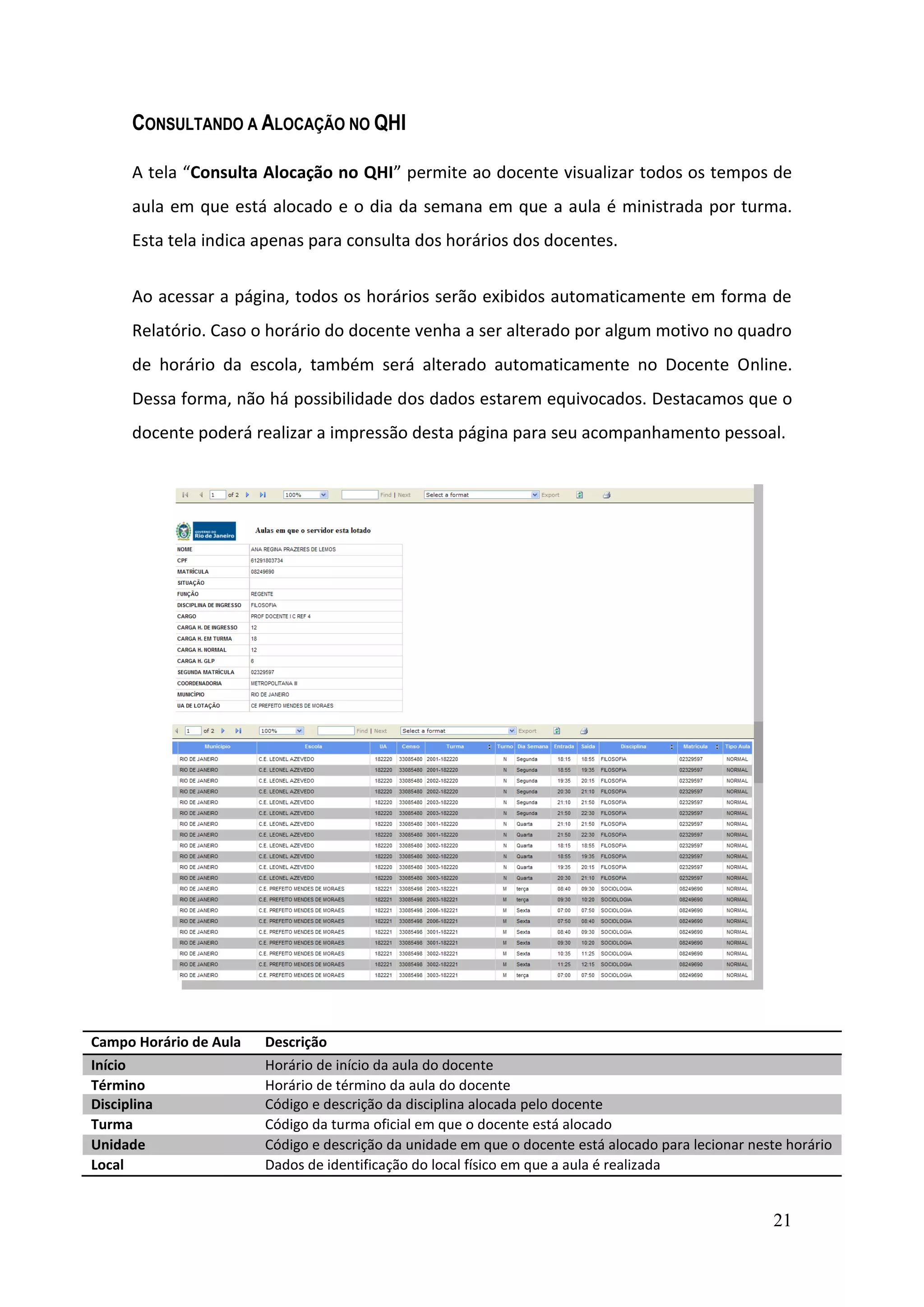 21
CONSULTANDO A ALOCAÇÃO NO QHI
A tela “Consulta Alocação no QHI” permite ao docente visualizar todos os tempos de
aula em que está alocado e o dia da semana em que a aula é ministrada por turma.
Esta tela indica apenas para consulta dos horários dos docentes.
Ao acessar a página, todos os horários serão exibidos automaticamente em forma de
Relatório. Caso o horário do docente venha a ser alterado por algum motivo no quadro
de horário da escola, também será alterado automaticamente no Docente Online.
Dessa forma, não há possibilidade dos dados estarem equivocados. Destacamos que o
docente poderá realizar a impressão desta página para seu acompanhamento pessoal.
Campo Horário de Aula Descrição
Início Horário de início da aula do docente
Término Horário de término da aula do docente
Disciplina Código e descrição da disciplina alocada pelo docente
Turma Código da turma oficial em que o docente está alocado
Unidade Código e descrição da unidade em que o docente está alocado para lecionar neste horário
Local Dados de identificação do local físico em que a aula é realizada
 