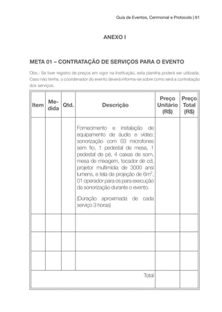 Guia de Eventos, Cerimonial e Protocolo | 61
ANEXO I
META 01 – CONTRATAçÃO DE SERVIçOS PARA O EVENTO
Obs.: Se tiver registro de preços em vigor na Instituição, esta planilha poderá ser utilizada.
Caso não tenha, o coordenador do evento deverá informa-se sobre como será a contratação
dos serviços.
Item
Me-
dida
Qtd. Descrição
Preço
unitário
(R$)
Preço
Total
(R$)
Fornecimento e instalação de
equipamento de áudio e vídeo:
sonorização com 03 microfones
sem io, 1 pedestal de mesa, 1
pedestal de pé, 4 caixas de som,
mesa de mixagem, tocador de cd,
projetor multimídia de 3000 ansi
lumens, e tela de projeção de 6m2
,
01 operador para os para execução
da sonorização durante o evento.
(Duração aproximada de cada
serviço 3 horas)
Total
 