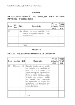 Rede Federal de Educação Proissional e Tecnológica
ANEXO II
META 02 – CONTRATAçÃO DE SERVIçOS PARA MATERIAL
IMPRESSO – PUBLICAçõES
Item
Me-
dida
Qtd. Descrição
Preço
unitário
(R$)
Preço
Total
(R$)
05 100 Cartaz impresso colorido (4x0
cores) em papel couché 1170g
tamanho A3.
Total
ANEXO III
META 03 – AQuISIçÃO DE MATERIAIS DE CONSuMO
Item Medida Qtd. Descrição
Preço
unitário
(R$)
Preço
Total
(R$)
08 Unidade 100 Sacolas tipo bornal, em tecido
de algodão cru, medindo 40
cm x 30 cm. x 10 cm, com
abertura na parte superior com
fecho e bolsa canguru. Alças
tiracolo no mesmo tecido
da sacola, com impressão
da logomarca do evento em
policromia. Arte fornecida em
meio eletrônico.
Total
 