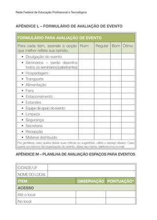 Rede Federal de Educação Proissional e Tecnológica
APÊNDICE L – FORMuLÁRIO DE AVALIAçÃO DE EVENTO
FORMuLÁRIO PARA AVALIAçÃO DE EVENTO
Para cada item, assinale a opção
que melhor relete sua opinião.
Ruim Regular Bom Ótimo
• Divulgação do evento
• Seminários – (serão descritos
todos os seminários/palestrantes)
• Hospedagem
• Transporte
• Alimentação
• Feira
• Estacionamento
• Estandes
• Equipe de apoio do evento
• Limpeza
• Segurança
• Secretaria
• Recepção
• Material distribuído
Por gentileza, caso queira deixar suas críticas ou sugestões, utilize o espaço abaixo. Caso
queria um retorno da organização do evento, deixe seu nome, telefone e/ou e-mail.
APÊNDICE M – PLANILHA DE AVALIAçÃO ESPAçOS PARA EVENTOS
CIDADE/UF
NOME DO LOCAL
ITEM OBSERVAçÃO PONTuAçÃO*
ACESSO
Até o local
No local
 