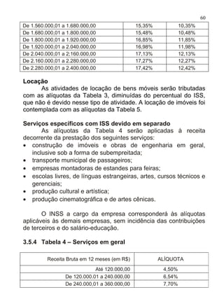 60
De 1.560.000,01 a 1.680.000,00                15,35%            10,35%
De 1.680.000,01 a 1.800.000,00                15,48%            10,48%
De 1.800.000,01 a 1.920.000,00                16,85%            11,85%
De 1.920.000,01 a 2.040.000,00                16,98%            11,98%
De 2.040.000,01 a 2;160.000,00                17,13%            12,13%
De 2.160.000,01 a 2.280.000,00                17,27%            12,27%
De 2.280.000,01 a 2.400.000,00                17,42%            12,42%

Locação
      As atividades de locação de bens móveis serão tributadas
com as alíquotas da Tabela 3, diminuídas do percentual do ISS,
que não é devido nesse tipo de atividade. A locação de imóveis foi
contemplada com as alíquotas da Tabela 5.

Serviços específicos com ISS devido em separado
       As alíquotas da Tabela 4 serão aplicadas à receita
decorrente da prestação dos seguintes serviços:
• construção de imóveis e obras de engenharia em geral,
   inclusive sob a forma de subempreitada;
• transporte municipal de passageiros;
• empresas montadoras de estandes para feiras;
• escolas livres, de línguas estrangeiras, artes, cursos técnicos e
   gerenciais;
• produção cultural e artística;
• produção cinematográfica e de artes cênicas.

       O INSS a cargo da empresa corresponderá às alíquotas
aplicáveis às demais empresas, sem incidência das contribuições
de terceiros e do salário-educação.

3.5.4 Tabela 4 – Serviços em geral

          Receita Bruta em 12 meses (em R$)            ALÍQUOTA
                             Até 120.000,00             4,50%
                 De 120.000.01 a 240.000,00             6,54%
                 De 240.000,01 a 360.000,00             7,70%
 