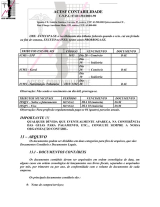 ACESF CONTABILIDADE
                                   C.N.P.J.: 07.811.581/0001-90

               Iguatu- CE, Galeria Gustavo Correia, 23, centro, CEP: 63.500-000 Quixeramobim-CE ,
               Rua Cônego Aureliano Mota, 155, centro, CEP: 63.800-000



       OBS: ANTECIPA-SE o recolhimento dos tributos federais quando o vcto. cai em feriado
ou fim de semana, EXCETO no INSS; nestes casos PRORROGA-SE.


  TRIBUTOS ESTADUAIS                     CÓDIGO         VENCIMENTO                       DOCUMENTO
ICMS – EPP                                 1015    Dia 20 – Comércio                       DAE
                                                   Dia
                                                   30     – Indústria
                                                   Dia
ICMS – Geral                                       20     – Comércio                         DAE
                                                   Dia
                                                   30     – Indústria
                                                   Dia
ICMS – Substituição Tributária          1031/ 1104 20                                        DAE

Observação: Não sendo o vencimento em dia útil, prorroga-se.

TRIBUTOS MUNICIPAIS               PERÍODO          VENCIMENTO             DOCUMENTO
ISSQN – Sobre o faturamento       MENSAL       DIA 10 (maioria)          DAM
ISSQN – Fixo                      MENSAL       DIA 10 (maioria)          DAM
 Observação: Para profissão regulamentada paga-se 04 (quatro) parcelas anuais.

IMPORTANTE !!!
     QUALQUER DÚVIDA QUE EVENTUALMENTE APAREÇA, NA CONFERÊNCIA
     DAS GUIAS PARA PAGAMENTO, ETC.., CONSULTE SEMPRE A NOSSA
     ORGANIZAÇÃO CONTÁBIL.

13 – ARQUIVO
     Os documentos podem ser divididos em duas categorias para fins de arquivos, que são:
Documentos Contábeis e Documentos Legais.

       13.1 - DOCUMENTOS CONTÁBEIS

       Os documentos contábeis devem ser arquivados em ordem cronológica de data, em
alguns casos em ordem cronológica de lançamentos nos livros fiscais, separados e arquivados
por mês, por trimestre ou por ano, de conformidade com o volume de documentos de cada
empresa.

       Os principais documentos contábeis são :

     0- Notas de compra/serviços;
 