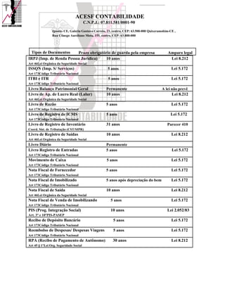 ACESF CONTABILIDADE
                                        C.N.P.J.: 07.811.581/0001-90

                Iguatu- CE, Galeria Gustavo Correia, 23, centro, CEP: 63.500-000 Quixeramobim-CE ,
                Rua Cônego Aureliano Mota, 155, centro, CEP: 63.800-000




 Tipos de Documentos     Prazo obrigatório de guarda pela empresa                           Amparo legal
IRPJ (Imp. de Renda Pessoa Jurídica)   10 anos                                               Lei 8.212
Art 46Lei Orgânica da Seguridade Social
ISSQN (Imp. S/ Serviços)                             5 anos                                    Lei 5.172
Art 173Código Tributário Nacional
ITBI e ITR                                           5 anos                                    Lei 5.172
Art 173Código Tributário Nacional
Livro Balanço Patrimonial/Geral                     Permanente                          A lei não prevê
Livro de Ap. de Lucro Real (Lalur)                  10 anos                                   Lei 8.212
Art 46Lei Orgânica da Seguridade Social
Livro de Razão                                      5 anos                                     Lei 5.172
Art 173Código Tributário Nacional
Livro de Registro de ICMS                           5 anos                                    Lei 5.172
Art 173Código Tributário Nacional
Livro de Registro de Inventário                     31 anos                                 Parecer 410
Coord. Sist. de Tributação (CST/SIPR)
Livro de Registro de Saídas                         10 anos                                    Lei 8.212
Art 46Lei Orgânica da Seguridade Social
Livro Diário                                        Permanente
Livro Registro de Entradas                          5 anos                                     Lei 5.172
Art 173Código Tributário Nacional
Movimento de Caixa                                  5 anos                                     Lei 5.172
Art 173Código Tributário Nacional
Nota Fiscal de Fornecedor                           5 anos                                     Lei 5.172
Art 173Código Tributário Nacional
Nota Fiscal de Imobilizado                          5 anos após depreciação do bem             Lei 5.172
Art 173Código Tributário Nacional
Nota Fiscal de Saída                                10 anos                                    Lei 8.212
Art 46Lei Orgânica da Seguridade Social
Nota Fiscal de Venda de Imobilizando                  5 anos                                   Lei 5.172
Art 173Código Tributário Nacional
PIS (Prog. Integração Social)                         10 anos                               Lei 2.052/83
Art. 3° e 10°PIS-PASEP
Recibo de Depósito Bancário                             5 anos                                 Lei 5.172
Art 173Código Tributário Nacional
Reembolso de Despesas/ Despesas Viagens                 5 anos                                 Lei 5.172
Art 173Código Tributário Nacional
RPA (Recibo de Pagamento de Autônomo)                   30 anos                                Lei 8.212
Art 45 § 1°Lei Org. Seguridade Social
 