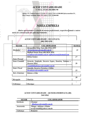 ACESF CONTABILIDADE
                                    C.N.P.J.: 07.811.581/0001-90

                Iguatu- CE, Galeria Gustavo Correia, 23, centro, CEP: 63.500-000 Quixeramobim-CE ,
                Rua Cônego Aureliano Mota, 155, centro, CEP: 63.800-000




                                     NOSSA EMPRESA
       Abaixo apresentamos a relação de nossos profissionais, respectivos ramais e outros
meios de comunicação em cada departamento.


                   ACESF CONTABILIDADE – IGUATU(CE)
                                 (88) 3581 6194

    SETOR                                COLABORADOR                                          RAMAL
                       Bernardino Sena Neto (88) 9956 5999
 Diretoria              diretoria@acesfcontabil.com.br                                               21
                       Rafhael Sousa Sena (88) 8826 3816
                       acesf@acesfcontabil.com.br rafhaelssena@hotmail.com
                       Beliza Gomes                                                              27
 Setor Pessoal
 Setor Contábil        Gerucia, Gegleyde, Socorro Lopes, Soneiva, Tatiana e
                       Socorro Silva                                                             26
                       contabilidade@acesfcontabil.com.br
 Setor Fiscal          Soneide, Socorro Ferreira e Clébio
                       fiscal@acesfcontabil.com.br                                               23
 Serv. Externos        Rubens e Elda                                                              -

                                                                                                 20
 Recepção              Patrícia
                                                                                                     -
 Cobrança              Henrique




                  ACESF CONTABILIDADE – QUIXERAMOBIM (CE) (88)
                                 3441 0561

          SETOR                                        COLABORADOR
     Gerência               Cleomar
                             filial@acesfcontabil.com.br
     Assessoria             Thiago, Adriana e Elaine
                            acesfcontabil@yahoo.com.br
     Cobrança               Romário
 
