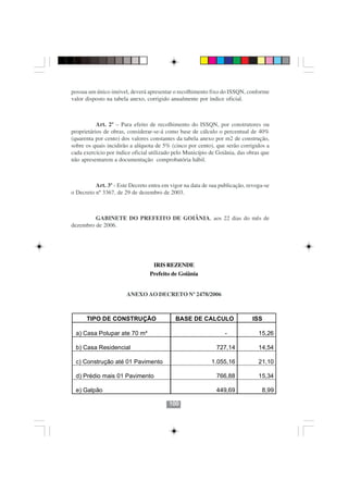 possua um único imóvel, deverá apresentar o recolhimento fixo do ISSQN, conforme
valor disposto na tabela anexo, corrigido anualmente por índice oficial.



           Art. 2º – Para efeito de recolhimento do ISSQN, por construtores ou
proprietários de obras, considerar-se-á como base de cálculo o percentual de 40%
(quarenta por cento) dos valores constantes da tabela anexo por m2 de construção,
sobre os quais incidirão a alíquota de 5% (cinco por cento), que serão corrigidos a
cada exercício por índice oficial utilizado pelo Município de Goiânia, das obras que
não apresentarem a documentação comprobatória hábil.



          Art. 3º - Este Decreto entra em vigor na data de sua publicação, revoga-se
o Decreto nº 3367, de 29 de dezembro de 2003.



         GABINETE DO PREFEITO DE GOIÂNIA, aos 22 dias do mês de
dezembro de 2006.




                                  IRIS REZENDE
                                 Prefeito de Goiânia


                       ANEXO AO DECRETO Nº 2478/2006



      TIPO DE CONSTRUÇÃO                    BASE DE CALCULO                 ISS

 a) Casa Polupar ate 70 m²                                       -             15,26

 b) Casa Residencial                                         727,14            14,54
                                       100100
 c) Construção até 01 Pavimento                            1.055,16            21,10

 d) Prédio mais 01 Pavimento                                 766,88            15,34

 e) Galpão                                                   449,69             8,99

                                         100
 