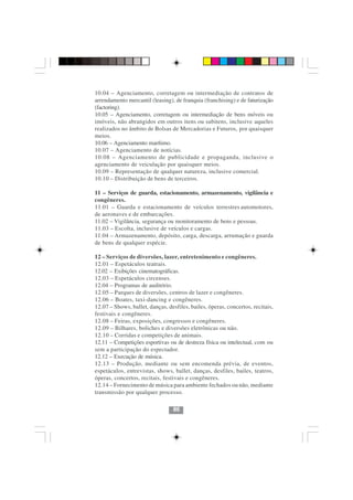 10.04 – Agenciamento, corretagem ou intermediação de contratos de
arrendamento mercantil (leasing), de franquia (franchising) e de faturização
(factoring).
10.05 – Agenciamento, corretagem ou intermediação de bens móveis ou
imóveis, não abrangidos em outros itens ou subitens, inclusive aqueles
realizados no âmbito de Bolsas de Mercadorias e Futuros, por quaisquer
meios.
10.06 – Agenciamento marítimo.
10.07 – Agenciamento de notícias.
10.08 – Agenciamento de publicidade e propaganda, inclusive o
agenciamento de veiculação por quaisquer meios.
10.09 – Representação de qualquer natureza, inclusive comercial.
10.10 – Distribuição de bens de terceiros.

11 – Serviços de guarda, estacionamento, armazenamento, vigilância e
congêneres.
11.01 – Guarda e estacionamento de veículos terrestres automotores,
de aeronaves e de embarcações.
11.02 – Vigilância, segurança ou monitoramento de bens e pessoas.
11.03 – Escolta, inclusive de veículos e cargas.
11.04 – Armazenamento, depósito, carga, descarga, arrumação e guarda
de bens de qualquer espécie.

12 – Serviços de diversões, lazer, entretenimento e congêneres.
12.01 – Espetáculos teatrais.
12.02 – Exibições cinematográficas.
12.03 – Espetáculos circenses.
12.04 – Programas de auditório.
12.05 – Parques de diversões, centros de lazer e congêneres.
12.06 – Boates, taxi-dancing e congêneres.
12.07 – Shows, ballet, danças, desfiles, bailes, óperas, concertos, recitais,
festivais e congêneres.
12.08 – Feiras, exposições, congressos e congêneres.
12.09 – Bilhares, boliches e diversões eletrônicas ou não.
12.10 – Corridas e competições de animais.
12.11 – Competições esportivas ou de destreza física ou intelectual, com ou
sem a participação do espectador.
12.12 – Execução de música. 8686
12.13 – Produção, mediante ou sem encomenda prévia, de eventos,
espetáculos, entrevistas, shows, ballet, danças, desfiles, bailes, teatros,
óperas, concertos, recitais, festivais e congêneres.
12.14 – Fornecimento de música para ambiente fechados ou não, mediante
transmissão por qualquer processo.

                                 86
 