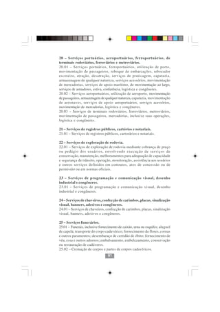 20 – Serviços portuários, aeroportuários, ferroportuários, de
terminais rodoviários, ferroviários e metroviários.
20.01 – Serviços portuários, ferroportuários, utilização de porto,
movimentação de passageiros, reboque de embarcações, rebocador
escoteiro, atração, desatração, serviços de praticagem, capatazia,
armazenagem de qualquer natureza, serviços acessórios, movimentação
de mercadorias, serviços de apoio marítimo, de movimentação ao largo,
serviços de armadores, estiva, conferência, logística e congêneres.
20.02 – Serviços aeroportuários, utilização de aeroporto, movimentação
de passageiros, armazenagem de qualquer natureza, capatazia, movimentação
de aeronaves, serviços de apoio aeroportuários, serviços acessórios,
movimentação de mercadorias, logística e congêneres.
20.03 – Serviços de terminais rodoviários, ferroviários, metroviários,
movimentação de passageiros, mercadorias, inclusive suas operações,
logística e congêneres.

21 – Serviços de registros públicos, cartórios e notariais.
21.01 – Serviços de registros públicos, cartorários e notariais.

22 – Serviços de exploração de rodovia.
22.01 – Serviços de exploração de rodovia mediante cobrança de preço
ou pedágio dos usuários, envolvendo execução de serviços de
conservação, manutenção, melhoramentos para adequação de capacidade
e segurança de trânsito, operação, monitoração, assistência aos usuários
e outros serviços definidos em contratos, atos de concessão ou de
permissão ou em normas oficiais.

23 – Serviços de programação e comunicação visual, desenho
industrial e congêneres.
23.01 – Serviços de programação e comunicação visual, desenho
industrial e congêneres.

24 – Serviços de chaveiros, confecção de carimbos, placas, sinalização
visual, banners, adesivos e congêneres.
24.01 – Serviços de chaveiros, confecção de carimbos, placas, sinalização
visual, banners, adesivos e congêneres.

25 – Serviços funerários.
25.01 – Funerais, inclusive fornecimento de caixão, urna ou esquifes; aluguel
de capela; transporte do corpo cadavérico; fornecimento de flores, coroas
e outros paramentos; desembaraço de certidão de óbito; fornecimento de
véu, essa e outros adornos; embalsamento, embelezamento, conservação
ou restauração de cadáveres.
25.02 – Cremação de corpos e partes de corpos cadavéricos.
                                 91
 