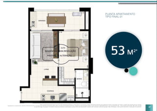 47
PLANTA APARTAMENTO
TIPO FINAL 01
Planta do apartamento tipo final 01 do 21º ao 30º pavimento residencial, sendo 52,85 m2
de área total. Imagem meramente ilustrativa com sugestão de layout e decoração com móveis e objetos não fazendo parte do contrato.
Equipamentos e acabamentos conforme memorial descritivo. A locação dos elementos estruturais podem variar de acordo com exigências técnicas. Sugestão de personalização sujeita a custo adicional, viabilidade técnica e ao cronograma da obra. *Área privativa aproximada. Não estão incluídas
as áreas das vagas de garagem. As medidas internas dos ambientes apresentadas na planta acima são aproximadas e poderão sofrer variações conforme legislação. Mais informações, vide memorial descritivo e convenção de condomínio.
53M2*
 