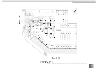 61
RAMPA DESCE P/ SUBSOLO 2
ACESSO DE VEÍCULOS
P/ RESIDENCIAL
CALÇADA
PRESSURIZAÇÃO
A.C.
118
114
124
121
120
82 8381
119
99 98100102 101104 103
9695 97
8586 84
93 94
88 87
9291
8990
115
SELEÇÃO DE LIXO
68
ÁREA TÉCNICA
ELEVARORES
POÇO
ELEVADOR
POÇO
ELEVADOR
CIRCULAÇÃO
LOBBY
VAGA VISITANTE 01
VAGA VISITANTE 02
117
116
110
111
113
112
109
106 105
71 7269 70
74 7376 75
107108
123
80
SALA DO
SÍNDICO
WC FEM. WC MASC
DML
ESTAR/
DESCANSO
FUNCIONÁRIOS
COPA
FUNCIONÁRIOS
WCGUARITA
DEPÓSITO /
ALMOXARIFADO
BICICLETÁRIO
77 78 79
ACESSO DE
PEDESTRES P/
RESIDENCIAL
ACESSO DE VEÍCULOS P/ ESTACIONAMENTO
EDIFÍCIO RESIDENCIAL
ESTACIONAMENTO
(RESIDENCIAL)
CENTRAL DE
GÁS
A.C.
122
TOMADADEARPRESSURIZAÇÃO POÇO
ELEVADOR
POÇO
ELEVADOR
POÇO
ELEVADOR
POÇO
ELEVADOR
ESPELHO
D'ÁGUA
JARDIM
JARDIM
RUAT-30
CALÇADA
VAGA VISITANTE 03
HIDRÔMETRO
JARDIM
PULMÃO
DE
SEGURANÇA PRAÇA
DE
ACESSO
INST.
ELÉTRICAS
ELEV.
SOCIAL
ELEV. DE
EMERG.
JARDIM
ELEV.
SOCIAL
ESPELHO
D'ÁGUA
SUBSOLO 1
RUA T-55
A locação de elementos estruturais pode variar de acordo com exigências técnicas. As medidas internas podem sofrer variações conforme a legislação.
 