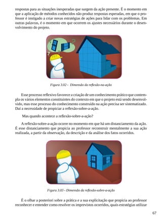 67
respostas para as situações inesperadas que surgem da ação presente. É o momento em
que a aplicação de métodos conhecidos não produz respostas esperadas, em que o pro-
fessor é instigado a criar novas estratégias de ações para lidar com os problemas. Em
outras palavras, é o momento em que ocorrem os ajustes necessários durante o desen-
volvimento do projeto.
Figura 3.02 - Dimensão da reflexão-na-ação
Esse processo reflexivo favorece a criação de um conhecimento prático que contem-
pla os vários elementos constituintes do contexto em que o projeto está sendo desenvol-
vido, mas esse processo do conhecimento construído na ação precisa ser sistematizado.
Daí a necessidade de propiciar a reflexão-sobre-a-ação.
Mas quando acontece a reflexão-sobre-a-ação?
A reflexão-sobre-a-ação ocorre no momento em que há um distanciamento da ação.
É esse distanciamento que propicia ao professor reconstruir mentalmente a sua ação
realizada, a partir da observação, da descrição e da análise dos fatos ocorridos.
Figura 3.03 - Dimensão da reflexão-sobre-a-ação
É o olhar a posteriori sobre a prática e a sua explicitação que propicia ao professor
reconhecer e entender como resolver os imprevistos ocorridos, quais estratégias utilizar
 
