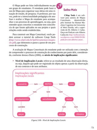 73
O Mapa pode ser feito individualmente ou por
um grupo de estudantes. O estudante pode fazer o
uso do Mapa para organizar suas ideias em uma si-
tuação de estudo, de pesquisa. O professor, por sua
vez, pode ter a intencionalidade pedagógica de ana-
lisar e avaliar o Mapa do estudante para acompa-
nhar o seu processo de aprendizagem, ou seja, para
entender quais conceitos o estudante tem consciên-
cia de que foram aplicados no seu projeto e quais
relações estão sendo estabelecidas.
Para construir um Mapa Conceitual, vocês po-
dem acessar o tutorial do software Cmap Tools
(http://www.ufpel.edu.br/lpd/ferramentas/cmapto-
ols.pdf), que demonstra o passo a passo de seu pro-
cesso de construção.
A avaliação de Mapas Conceituais do estudante pode ser utilizada com a intenção
de compreender o processo de construção do conhecimento por parte dele, consideran-
do, conforme destaca Dutra (2006), os níveis de implicações significantes:
•	 Nível de Implicações Locais: refere-se ao resultado de uma observação direta,
ou seja, daquilo que pode ser registrado do objeto apenas a partir da observação
de seu contexto e de seus atributos.
Figura 3.06 - Nível de Implicações Locais
Saiba Mais
CMap Tools é um soft-
ware para autoria de Mapas
Conceituais, desenvolvido
pelo Institute for Human Ma-
chine Cognition da University
of West Florida, sob a super-
visão do Dr. Alberto J. Cañas.
Ouça um Podcast com Alberto
Cañas em: http://webcurriculo.
wordpress.com/2008/09/08/
podcast-com-alberto-canas/.
 