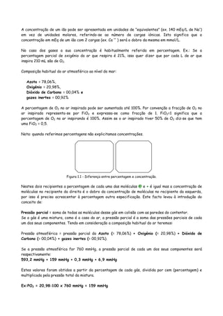 A concentração de um ião pode ser apresentada em unidades de “equivalentes” (ex. 140 mEq/L de Na+
)
em vez de unidades molares, referindo-se ao número de cargas iónicas. Isto significa que a
concentração em mEq de um ião com 2 cargas (ex. Ca ++
) será o dobro da mesma em mmol/L.
No caso dos gases a sua concentração é habitualmente referida em percentagem. Ex.: Se a
percentagem parcial de oxigénio do ar que respira é 21%, isso quer dizer que por cada L de ar que
inspira 210 mL são de O2.
Composição habitual do ar atmosférico ao nível do mar:
Azoto = 78,06%,
Oxigénio = 20,98%,
Dióxido de Carbono = 00,04% e
gazes inertes = 00,92%
A percentagem de O2 no ar inspirado pode ser aumentada até 100%. Por convenção a fracção de O2 no
ar inspirado representa-se por FiO2 e expressa-se como fracção de 1. FiO2=1 significa que a
percentagem de O2 no ar inspirando é 100%. Assim se o ar inspirado tiver 50% de O2 diz-se que tem
uma FiO2 = 0,5.
Nota: quando referimos percentagens não explicitamos concentrações.
Figura 1.1 - Diferença entre percentagem e concentração.
Nestes dois recipientes a percentagem de cada uma das moléculas @ e + é igual mas a concentração de
moléculas no recipiente da direita é o dobro da concentração de moléculas no recipiente da esquerda,
por isso é preciso acrescentar à percentagem outra especificação. Este facto levou à introdução do
conceito de:
Pressão parcial = soma de todas as moléculas desse gás em colisão com as paredes do contentor.
Se o gás é uma mistura, como é o caso do ar, a pressão parcial é a soma das pressões parciais de cada
um dos seus componentes. Tendo em consideração a composição habitual do ar teremos:
Pressão atmosférica = pressão parcial do Azoto (= 78,06%) + Oxigénio (= 20,98%) + Dióxido de
Carbono (= 00,04%) + gazes inertes (= 00,92%).
Se a pressão atmosférica for 760 mmHg, a pressão parcial de cada um dos seus componentes será
respectivamente:
593,2 mmHg + 159 mmHg + 0,3 mmHg + 6,9 mmHg
Estes valores foram obtidos a partir da percentagem de cada gás, dividida por cem (percentagem) e
multiplicada pela pressão total da mistura.
Ex:PO2 = 20,98:100 x 760 mmHg = 159 mmHg
@ + @ + @ + @ + @ +
@ + @ + @ + @ + @ +
@ + @ + @ + @ + @ +
@ + @ + @ + @ + @ +
@ + @ + @ + @ + @ +
@ + @ + @ + @ + @ +
@ + @ + @ + @ + @ +
@ + @ + @ + @ + @ +
@ + @ + @ + @+ @ +
 