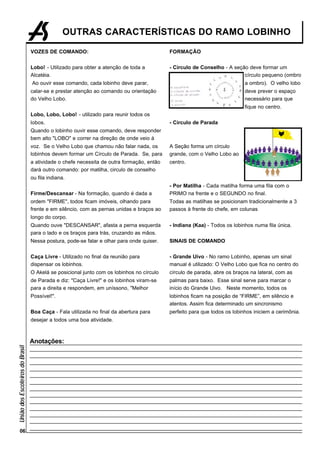 OUTRAS CARACTERÍSTICAS DO RAMO LOBINHO

                                 VOZES DE COMANDO:                                        FORMAÇÃO


                                 Lobo! - Utilizado para obter a atenção de toda a         - Círculo de Conselho - A seção deve formar um
                                 Alcatéia.                                                                              círculo pequeno (ombro
                                 Ao ouvir esse comando, cada lobinho deve parar,                                          a ombro). O velho lobo
                                 calar-se e prestar atenção ao comando ou orientação                                      deve prever o espaço
                                 do Velho Lobo.                                                                           necessário para que
                                                                                                                          fique no centro.
                                 Lobo, Lobo, Lobo! - utilizado para reunir todos os
                                 lobos.                                                   - Círculo de Parada
                                 Quando o lobinho ouvir esse comando, deve responder
                                 bem alto "LOBO" e correr na direção de onde veio à
                                 voz. Se o Velho Lobo que chamou não falar nada, os       A Seção forma um círculo
                                 lobinhos devem formar um Círculo de Parada. Se, para     grande, com o Velho Lobo ao
                                 a atividade o chefe necessita de outra formação, então   centro.
                                 dará outro comando: por matilha, circulo de conselho
                                 ou fila indiana.
                                                                                          - Por Matilha - Cada matilha forma uma fila com o
                                 Firme/Descansar - Na formação, quando é dada a           PRIMO na frente e o SEGUNDO no final.
                                 ordem "FIRME", todos ficam imóveis, olhando para         Todas as matilhas se posicionam tradicionalmente a 3
                                 frente e em silêncio, com as pernas unidas e braços ao   passos à frente do chefe, em colunas
                                 longo do corpo.
                                 Quando ouve "DESCANSAR", afasta a perna esquerda         - Indiana (Kaa) - Todos os lobinhos numa fila única.
                                 para o lado e os braços para trás, cruzando as mãos.
                                 Nessa postura, pode-se falar e olhar para onde quiser.   SINAIS DE COMANDO


                                 Caça Livre - Utilizado no final da reunião para          - Grande Uivo - No ramo Lobinho, apenas um sinal
                                 dispensar os lobinhos.                                   manual é utilizado: O Velho Lobo que fica no centro do
                                 O Akelá se posicional junto com os lobinhos no círculo   círculo de parada, abre os braços na lateral, com as
                                 de Parada e diz: "Caça Livre!" e os lobinhos viram-se    palmas para baixo. Esse sinal serve para marcar o
                                 para a direita e respondem, em uníssono, "Melhor         início do Grande Uivo. Neste momento, todos os
                                 Possível!".                                              lobinhos ficam na posição de “FIRME”, em silêncio e
                                                                                          atentos. Assim fica determinado um sincronismo
                                 Boa Caça - Fala utilizada no final da abertura para      perfeito para que todos os lobinhos iniciem a cerimônia.
                                 desejar a todos uma boa atividade.



                                 Anotações:
União dos Escoteiros do Brasil




      06
 