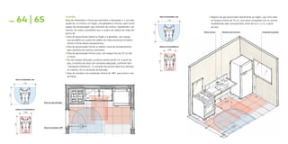 Cozinha
Deve ter dimensões e forma que permitam a disposição e o uso ade-
quado de, no mínimo, um fogão, uma geladeira e uma pia, assim como
espaço de armazenagem para utensílios de cozinha, ingredientes e ali-
mentos, de modo a possibilitar que o usuário de cadeira de rodas dis-
ponha de:
z 	Área de aproximação lateral ao fogão e à geladeira, com espaço 	
	 que possibilite ao usuário de cadeira de rodas posicionar-se lateral-	
	 mente à frente desses equipamentos;
z 	Área de aproximação frontal ou lateral e local de armazenamento 	
	 para utensílios de cozinha e alimentos;
z 	Área de aproximação frontal à pia, com espaço livre de 25 cm sob
	 o móvel;
z 	Pia com tampo reforçado, na altura máxima de 85 cm, a partir do 	
	 piso, e torneira de mesa com comando adequado, conforme item 	
	 “Instalações hidráulicas”. O comando da torneira deve ficar distante, 	
	 no máximo, 50 cm da borda da bancada;
z 	Área de manobra com amplitude mínima de 180°, para entrar e sair 	
	 de frente;
PÁG. 64 | 65
z 	Registro de gás posicionado lateralmente ao fogão, cujo nicho deve 	
	 ter largura mínima de 75 cm, com altura compatível com as normas 	
	 estabelecidas pela concessionária, entre 40 cm e 1,2 m, a partir
	 do piso.
0.25
Área de manobra 180º
Área de aproximação
ÁREA DE MANOBRA 180º
MÓDULO DE REFERÊNCIA
1.20
1.50
0.80
1.20
ÁREA DE MANOBRA 180º
MÓDULO DE REFERÊNCIA
1.20
1.50
0.80
1.20
Comando da janelaAltura da pia Distância da torneira
1.00
0.50
0.25
0.85
 