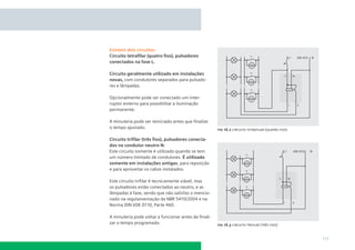 Existem dois circuitos:
Circuito tetraﬁlar (quatro ﬁos), pulsadores
conectados na fase L.
Circuito geralmente utilizado em instalações
novas, com condutores separados para pulsadores e lâmpadas.
Opcionalmente pode ser conectado um interruptor externo para possibilitar a iluminação
permanente.
A minuteria pode ser reiniciado antes que ﬁnalize
o tempo ajustado.

ﬁg 16.2 circuito tetraﬁlar (quatro ﬁos)

Circuito triﬁlar (três ﬁos), pulsadores conectados no condutor neutro N:
Este circuito somente é utilizado quando se tem
um número limitado de condutores. É utilizado
somente em instalações antigas, para reposição
e para aproveitar os cabos instalados.
Este circuito triﬁlar é tecnicamente viável, mas
os pulsadores estão conectados ao neutro, e as
lâmpadas à fase, sendo que não satisfaz o mencionado na regulamentação da NBR 5410/2004 e na
Norma DIN VDE 0110, Parte 460.
A minuteria pode voltar a funcionar antes de ﬁnalizar o tempo programado.

ﬁg 16.3 circuito triﬁlar (três ﬁos)

111

 