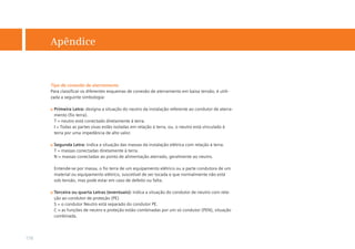 Apêndice

Tipo de conexão de aterramento
Para classiﬁcar os diferentes esquemas de conexão de aterramento em baixa tensão, é utilizada a seguinte simbologia:
Primeira Letra: designa a situação do neutro da instalação referente ao condutor de aterramento (ﬁo terra).
T = neutro está conectado diretamente à terra.
I = Todas as partes vivas estão isoladas em relação à terra, ou, o neutro está vinculado à
terra por uma impedância de alto valor.
Segunda Letra: indica a situação das massas da instalação elétrica com relação à terra.
T = massas conectadas diretamente à terra.
N = massas conectadas ao ponto de alimentação aterrado, geralmente ao neutro.
Entende-se por massa, o ﬁo terra de um equipamento elétrico ou a parte condutora de um
material ou equipamento elétrico, suscetível de ser tocada e que normalmente não está
sob tensão, mas pode estar em caso de defeito ou falta.
Terceira ou quarta Letras (eventuais): indica a situação do condutor de neutro com relação ao condutor de proteção (PE)
S = o condutor Neutro está separado do condutor PE.
C = as funções de neutro e proteção estão combinadas por um só condutor (PEN), situação
combinada.

178

 