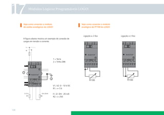 17        Módulos Lógicos Programáveis LOGO!



      Veja como conectar o módulo                           Veja como conectar o módulo
      de saídas analógicas do LOGO!                         analógico de PT100 do LOGO!



                                                             Ligação a 2 ﬁos              Ligação a 3 ﬁos
      A ﬁgura abaixo mostra um exemplo de conexão de
      cargas em tensão e corrente.




                                      1 = Terra
                                      2 = Trilho DIN




                                      V1, V2: 0 - 10 V DC
                                      R1: >= 5 k

                                      I1, I2: 0/4 - 20 mA
                                      R2: <= 250




128
 
