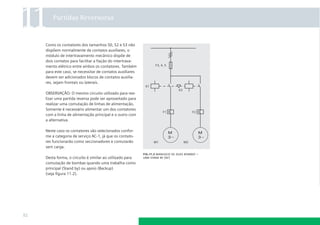 11       Partidas Reversoras



     Como os contatores dos tamanhos S0, S2 e S3 não
     dispõem normalmente de contatos auxiliares, o
     módulo de intertravamento mecânico dispõe de
     dois contatos para facilitar a ﬁação do intertrava-
     mento elétrico entre ambos os contatores. Também              F3, 4, 5

     para este caso, se necessitar de contatos auxiliares
     devem ser adicionados blocos de contatos auxilia-
     res, sejam frontais ou laterais.
                                                             K1
                                                                                   K2
     OBSERVAÇÃO: O mesmo circuito utilizado para rea-
     lizar uma partida reversa pode ser aproveitado para
     realizar uma comutação de linhas de alimentação.
     Somente é necessário alimentar um dos contatores
                                                                        F1                   F2
     com a linha de alimentação principal e o outro com
     a alternativa.

     Neste caso os contatores são selecionados confor-                        M                   M
     me a categoria de serviço AC-1, já que os contato-                       3~                  3~
     res funcionarão como seccionadores e comutarão               M1                    M2
     sem carga.
                                                            ﬁg.11.2 manuseio de duas bombas –
     Desta forma, o circuito é similar ao utilizado para    uma stand by (af)
     comutação de bombas quando uma trabalha como
     principal (Stand by) ou apoio (Backup)
     (veja ﬁgura 11.2).




82
 
