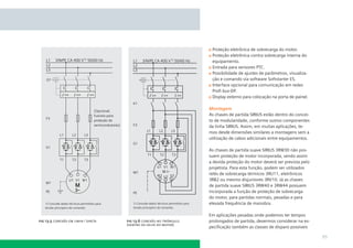Proteção eletrônica de sobrecarga do motor.
                                                                    Proteção eletrônica contra sobrecarga interna do
                                                                    equipamento.
                                                                    Entrada para sensores PTC.
                                                                    Possibilidade de ajustes de parâmetros, visualiza-
                                                                    ção e comando via software Softstarter ES.
                                                                    Interface opcional para comunicação em redes
                                                                    Proﬁ bus-DP.
                                                                    Display externo para colocação na porta de painel.

                                                                   Montagem
                                                                   As chaves de partida SIRIUS estão dentro do concei-
                                                                   to de modularidade, conforme outros componentes
                                                                   da linha SIRIUS. Assim, em muitas aplicações, te-
                                                                   mos desde dimensões similares a montagens sem a
                                                                   utilização de cabos adicionais entre equipamentos.

                                                                   As chaves de partida suave SIRIUS 3RW30 não pos-
                                                                   suem proteção de motor incorporada, sendo assim
                                                                   a devida proteção do motor deverá ser prevista pelo
                                                                   projetista. Para esta função, podem ser utilizados
                                                                   relés de sobrecarga térmicos 3RU11, eletrônicos
                                                                   3RB2 ou mesmo disjuntores 3RV10. Já as chaves
                                                                   de partida suave SIRIUS 3RW40 e 3RW44 possuem
                                                                   incorporada a função de proteção de sobrecarga
                                                                   do motor, para partidas normais, pesadas e para
                                                                   elevada frequência de manobra.

                                                                   Em aplicações pesadas onde podemos ter tempos
ﬁg 13.5 conexão em linha / direta   ﬁg 13.6 conexão no triângulo   prolongados de partida, devermos considerar na es-
                                    (dentro do delta do motor)
                                                                   peciﬁcação também as classes de disparo possíveis

                                                                                                                         95
 