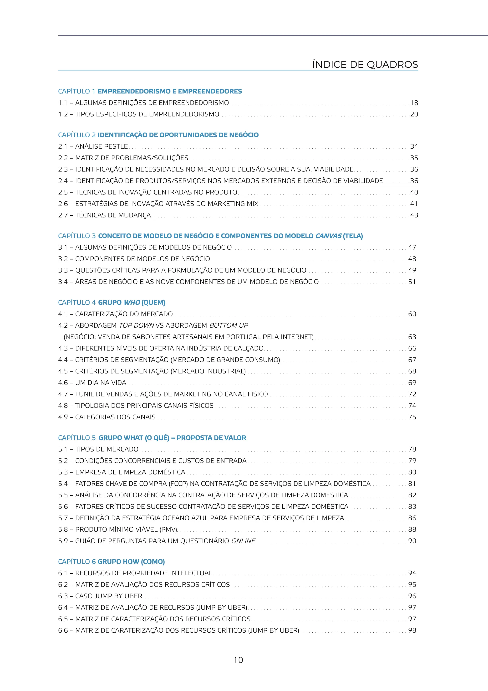 10
ÍNDICE DE QUADROS
CAPÍTULO 1 EMPREENDEDORISMO E EMPREENDEDORES
1.1 – ALGUMAS DEFINIÇÕES DE EMPREENDEDORISMO . . . . . . . . . . . . . . . . . . . . . . . . . . . . . . . . . . . . . . . . . . . . . . . . . . . . . . . .18
1.2 – TIPOS ESPECÍFICOS DE EMPREENDEDORISMO . . . . . . . . . . . . . . . . . . . . . . . . . . . . . . . . . . . . . . . . . . . . . . . . . . . . . . . . . . .20
CAPÍTULO 2 IDENTIFICAÇÃO DE OPORTUNIDADES DE NEGÓCIO
2.1 – ANÁLISE PESTLE . . . . . . . . . . . . . . . . . . . . . . . . . . . . . . . . . . . . . . . . . . . . . . . . . . . . . . . . . . . . . . . . . . . . . . . . . . . . . . . . . . . . . . . .34
2.2 – MATRIZ DE PROBLEMAS/SOLUÇÕES . . . . . . . . . . . . . . . . . . . . . . . . . . . . . . . . . . . . . . . . . . . . . . . . . . . . . . . . . . . . . . . . . . . . .35
2.3 – IDENTIFICAÇÃO DE NECESSIDADES NO MERCADO E DECISÃO SOBRE A SUA. VIABILIDADE. . . . . . . . . . . . . . . . . .36
2.4 – IDENTIFICAÇÃO DE PRODUTOS/SERVIÇOS NOS MERCADOS EXTERNOS E DECISÃO DE VIABILIDADE . . . . . . . .36
2.5 – TÉCNICAS DE INOVAÇÃO CENTRADAS NO PRODUTO. . . . . . . . . . . . . . . . . . . . . . . . . . . . . . . . . . . . . . . . . . . . . . . . . . . . . .40
2.6 – ESTRATÉGIAS DE INOVAÇÃO ATRAVÉS DO MARKETING-MIX . . . . . . . . . . . . . . . . . . . . . . . . . . . . . . . . . . . . . . . . . . . . . . .41
2.7 – TÉCNICAS DE MUDANÇA. . . . . . . . . . . . . . . . . . . . . . . . . . . . . . . . . . . . . . . . . . . . . . . . . . . . . . . . . . . . . . . . . . . . . . . . . . . . . . . . .43
CAPÍTULO 3 CONCEITO DE MODELO DE NEGÓCIO E COMPONENTES DO MODELO CANVAS (TELA)
3.1 – ALGUMAS DEFINIÇÕES DE MODELOS DE NEGÓCIO . . . . . . . . . . . . . . . . . . . . . . . . . . . . . . . . . . . . . . . . . . . . . . . . . . . . . . 47
3.2 – COMPONENTES DE MODELOS DE NEGÓCIO . . . . . . . . . . . . . . . . . . . . . . . . . . . . . . . . . . . . . . . . . . . . . . . . . . . . . . . . . . . . . 48
3.3 – QUESTÕES CRÍTICAS PARA A FORMULAÇÃO DE UM MODELO DE NEGÓCIO . . . . . . . . . . . . . . . . . . . . . . . . . . . . . . . 49
3.4 – ÁREAS DE NEGÓCIO E AS NOVE COMPONENTES DE UM MODELO DE NEGÓCIO . . . . . . . . . . . . . . . . . . . . . . . . . . . 51
CAPÍTULO 4 GRUPO WHO (QUEM)
4.1 – CARATERIZAÇÃO DO MERCADO. . . . . . . . . . . . . . . . . . . . . . . . . . . . . . . . . . . . . . . . . . . . . . . . . . . . . . . . . . . . . . . . . . . . . . . . . 60
4.2 – ABORDAGEM TOP DOWN VS ABORDAGEM BOTTOM UP
(NEGÓCIO: VENDA DE SABONETES ARTESANAIS EM PORTUGAL PELA INTERNET) . . . . . . . . . . . . . . . . . . . . . . . . . . . . . 63
4.3 – DIFERENTES NÍVEIS DE OFERTA NA INDÚSTRIA DE CALÇADO. . . . . . . . . . . . . . . . . . . . . . . . . . . . . . . . . . . . . . . . . . . . . 66
4.4 – CRITÉRIOS DE SEGMENTAÇÃO (MERCADO DE GRANDE CONSUMO) . . . . . . . . . . . . . . . . . . . . . . . . . . . . . . . . . . . . . . . 67
4.5 – CRITÉRIOS DE SEGMENTAÇÃO (MERCADO INDUSTRIAL) . . . . . . . . . . . . . . . . . . . . . . . . . . . . . . . . . . . . . . . . . . . . . . . . . . 68
4.6 – UM DIA NA VIDA . . . . . . . . . . . . . . . . . . . . . . . . . . . . . . . . . . . . . . . . . . . . . . . . . . . . . . . . . . . . . . . . . . . . . . . . . . . . . . . . . . . . . . . 69
4.7 – FUNIL DE VENDAS E AÇÕES DE MARKETING NO CANAL FÍSICO . . . . . . . . . . . . . . . . . . . . . . . . . . . . . . . . . . . . . . . . . . . 72
4.8 – TIPOLOGIA DOS PRINCIPAIS CANAIS FÍSICOS . . . . . . . . . . . . . . . . . . . . . . . . . . . . . . . . . . . . . . . . . . . . . . . . . . . . . . . . . . . . 74
4.9 – CATEGORIAS DOS CANAIS . . . . . . . . . . . . . . . . . . . . . . . . . . . . . . . . . . . . . . . . . . . . . . . . . . . . . . . . . . . . . . . . . . . . . . . . . . . . . . 75
CAPÍTULO 5 GRUPO WHAT (O QUÊ) – PROPOSTA DE VALOR
5.1 – TIPOS DE MERCADO. . . . . . . . . . . . . . . . . . . . . . . . . . . . . . . . . . . . . . . . . . . . . . . . . . . . . . . . . . . . . . . . . . . . . . . . . . . . . . . . . . . . 78
5.2 – CONDIÇÕES CONCORRENCIAIS E CUSTOS DE ENTRADA . . . . . . . . . . . . . . . . . . . . . . . . . . . . . . . . . . . . . . . . . . . . . . . . . . 79
5.3 – EMPRESA DE LIMPEZA DOMÉSTICA . . . . . . . . . . . . . . . . . . . . . . . . . . . . . . . . . . . . . . . . . . . . . . . . . . . . . . . . . . . . . . . . . . . . . 80
5.4 – FATORES-CHAVE DE COMPRA (FCCP) NA CONTRATAÇÃO DE SERVIÇOS DE LIMPEZA DOMÉSTICA . . . . . . . . . . . 81
5.5 – ANÁLISE DA CONCORRÊNCIA NA CONTRATAÇÃO DE SERVIÇOS DE LIMPEZA DOMÉSTICA . . . . . . . . . . . . . . . . . . 82
5.6 – FATORES CRÍTICOS DE SUCESSO CONTRATAÇÃO DE SERVIÇOS DE LIMPEZA DOMÉSTICA . . . . . . . . . . . . . . . . . . 83
5.7 – DEFINIÇÃO DA ESTRATÉGIA OCEANO AZUL PARA EMPRESA DE SERVIÇOS DE LIMPEZA. . . . . . . . . . . . . . . . . . . . 86
5.8 – PRODUTO MÍNIMO VIÁVEL (PMV). . . . . . . . . . . . . . . . . . . . . . . . . . . . . . . . . . . . . . . . . . . . . . . . . . . . . . . . . . . . . . . . . . . . . . . . 88
5.9 – GUIÃO DE PERGUNTAS PARA UM QUESTIONÁRIO ONLINE . . . . . . . . . . . . . . . . . . . . . . . . . . . . . . . . . . . . . . . . . . . . . . . 90
CAPÍTULO 6 GRUPO HOW (COMO)
6.1 – RECURSOS DE PROPRIEDADE INTELECTUAL. . . . . . . . . . . . . . . . . . . . . . . . . . . . . . . . . . . . . . . . . . . . . . . . . . . . . . . . . . . . . 94
6.2 – MATRIZ DE AVALIAÇÃO DOS RECURSOS CRÍTICOS . . . . . . . . . . . . . . . . . . . . . . . . . . . . . . . . . . . . . . . . . . . . . . . . . . . . . . . 95
6.3 – CASO JUMP BY UBER . . . . . . . . . . . . . . . . . . . . . . . . . . . . . . . . . . . . . . . . . . . . . . . . . . . . . . . . . . . . . . . . . . . . . . . . . . . . . . . . . . 96
6.4 – MATRIZ DE AVALIAÇÃO DE RECURSOS (JUMP BY UBER). . . . . . . . . . . . . . . . . . . . . . . . . . . . . . . . . . . . . . . . . . . . . . . . . . 97
6.5 – MATRIZ DE CARACTERIZAÇÃO DOS RECURSOS CRÍTICOS. . . . . . . . . . . . . . . . . . . . . . . . . . . . . . . . . . . . . . . . . . . . . . . . . 97
6.6 – MATRIZ DE CARATERIZAÇÃO DOS RECURSOS CRÍTICOS (JUMP BY UBER) . . . . . . . . . . . . . . . . . . . . . . . . . . . . . . . . . 98
 