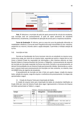 48
Polo  Selecione o município do polo de apoio presencial de vínculo do estudante,
cuja inscrição está em processamento. O polo de apoio presencial do estudante
determinará, inicialmente, a localidade de aplicação de provas para o respectivo estudante.
Turno de Graduação  Informe, para os casos de curso de graduação oferecido na
modalidade a distância, o turno de maior frequência de aulas transmitidas ao vivo: matutino,
vespertino ou noturno, clicando sobre a opção desejada. É permitida a múltipla seleção de
turnos.
5.6) Inscrição em lote
Permite ao Coordenador de Curso inscrever mais de um estudante no mesmo curso,
numa única carga, por meio de um arquivo texto, separado por ponto e vírgula (txt ou csv).
Como o Sistema Enade faz requisições de informações a dois sistemas externos ao Inep,
Receita Federal e Empresa Brasileira de Correios e Telégrafos, o processamento de arquivos
de inscrição em lote pode responder de forma mais lenta. Durante o seu processamento, as
demais funcionalidades do seu Sistema Enade permanecerão inibidas. Recomenda-se, assim,
que o arquivo texto para processamento de inscrições em lote contenha, no máximo, duas
mil (2000) linhas de registros de estudantes.
O procedimento da inscrição em lote é feito em quatro etapas: criação do arquivo
texto, seleção do arquivo, carga do arquivo e conferência do processamento. As etapas são
apresentadas a seguir.
1) Criação do Arquivo Texto para Importação de Dados
A criação de arquivo texto para importação de dados de estudantes habilitados ao
Enade 2016 por meio do Sistema Enade deve seguir rigorosamente a Estrutura de Arquivo
de Dados apresentada na Tabela 1, a seguir:
Tabela 1 - Estrutura de Arquivo de Dados
Campo Tam.
Máx.
Obrigatório Formato (Observações)
Código da Instituição 6 S Número (de acordo com o Sistema e-Mec)
Código de Curso 7 S Número (de acordo com o Sistema e-Mec)
Condição do estudante 1 S I – Ingressante
C –Concluinte
CPF 11 S 99999999999 (número – não incluir ponto ou
hífen)
Nome do Estudante S Deve ser idêntico ao que consta no Cadastro de
Pessoa Física (CPF) da Receita Federal.
 