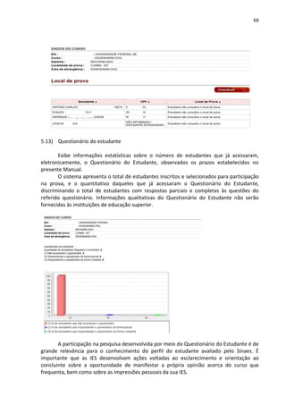 66
5.13) Questionário do estudante
Exibe informações estatísticas sobre o número de estudantes que já acessaram,
eletronicamente, o Questionário do Estudante, observados os prazos estabelecidos no
presente Manual.
O sistema apresenta o total de estudantes inscritos e selecionados para participação
na prova, e o quantitativo daqueles que já acessaram o Questionário do Estudante,
discriminando o total de estudantes com respostas parciais e completas às questões do
referido questionário. Informações qualitativas do Questionário do Estudante não serão
fornecidas às instituições de educação superior.
A participação na pesquisa desenvolvida por meio do Questionário do Estudante é de
grande relevância para o conhecimento do perfil do estudante avaliado pelo Sinaes. É
importante que as IES desenvolvam ações voltadas ao esclarecimento e orientação ao
concluinte sobre a oportunidade de manifestar a própria opinião acerca do curso que
frequenta, bem como sobre as impressões pessoais da sua IES.
 