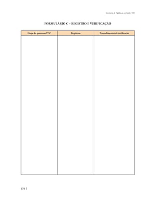 Secretaria de Vigilância em Saúde / MS




                     FORMULÁRIO C – REGISTRO E VERIFICAÇÃO

      Etapa do processo/PCC        Registros       Procedimentos de verificação




154
 