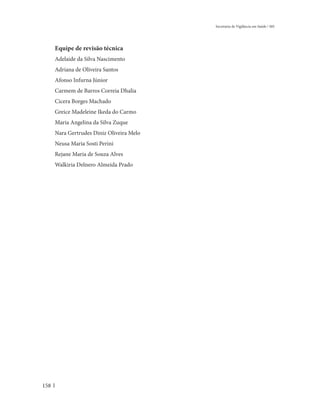 Secretaria de Vigilância em Saúde / MS




      Equipe de revisão técnica
      Adelaide da Silva Nascimento
      Adriana de Oliveira Santos
      Afonso Infurna Júnior
      Carmem de Barros Correia Dhalia
      Cicera Borges Machado
      Greice Madeleine Ikeda do Carmo
      Maria Angelina da Silva Zuque
      Nara Gertrudes Diniz Oliveira Melo
      Neusa Maria Sosti Perini
      Rejane Maria de Souza Alves
      Walkiria Delnero Almeida Prado




158
 