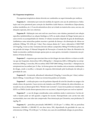 Secretaria de Vigilância em Saúde / MS




10.3 Esquemas terapêuticos
     Os esquemas terapêuticos abaixo deverão ser conduzidos ou supervisionados por médicos.
     Esquema A – sintomático por meio de medidas de suporte com uso de antitérmicos e hidra-
tação oral e/ou parenteral para correção de distúrbios ácido-básicos e eletrolíticos (hipocalemia,
acidose metabólica, etc.). O uso de antieméticos deve ser evitado na maioria dos casos, seu uso, em
situações especiais, deve ser criterioso.
     Esquema B – hidratação com soro oral nos casos leves e sem vômitos, parenteral com solução
específica (polieletrolítica) ou solução fisiológica a 0,9% ou ainda solução de Ringer lactato para os
casos severos ou acompanhados de vômitos. O volume necessário depende do grau de desidratação.
Antibióticos como tetraciclina podem encurtar o período de doença e de eliminação de vibrios no
ambiente (500mg, VO, 6/6h por 3 dias). Para crianças abaixo de 7 anos a alternativa é SMZ/TMP
(25/5mg/Kg, 2 vezes ao dia). Gestantes deverão utilizar a ampicilina 500mg VO 6/6horas pelo mes-
mo período de tempo. O Manual Integrado de Prevenção e Controle da Cólera do Ministério da
Saúde recomenda a antibioticoterapia apenas para os casos graves, iniciando o tratamento nas pri-
meiras 24 horas de doença.
     Esquema C – esquemas que associam duas ou três drogas são mais efetivos e evitam as recidi-
vas que são frequentes: doxiciclina (100 a 200mg/dia) + rifampicina (600 a 1200mg/dia) ou estrep-
tomicina (500mg, 2 vezes/dia, IM) ou ambas; SMZ/TMP (800/160mg, 2vezes/dia) + rifampicina ou
estreptomicina (ou ambas) por 21 dias. As formas graves são tratadas com as mesmas combinações
de drogas, sendo a escolha e a duração do esquema determinado pela localização da infecção e
gravidade do caso.
     Esquema D – levamizole, albendazol, tiabendazol (25mg/kg, 3 vezes/dia por 3 dias), meben-
dazol (100mg, 2 vezes/dia por 5 dias) ou ivermectina podem ser tentados.
     Esquema E – a indicação para o uso de quelantes depende do nível de chumbo no sangue e do
estado clínico do paciente. Casos severos são tratados com EDTA (edetato de cálcio dissódico, as-
sociado ou não ao dimercaprol-BAL (“British Anti-Lewisite”). Casos leves podem ser tratados com
EDTA ou DMSA (ácido dimercaptosuccínico ou succimer), disponível para uso oral ou injetável.
    Esquema F – o uso de drogas consideradas como antídotos ainda é controverso. Carvão ati-
vado e laxante pode ser útil quando a ingesta foi recente. Hemoperfusão com carvão tem sido
recomendado, mas com valor não comprovado. Para intoxicação por Giromitra, usar piridoxina 25
mg/Kg, IV.
      Esquema G – penicilina procainada (400.000UI, 12/12h por 7 a 10dias, IM) ou penicilina
benzatina (300.000 a 1.200.000 UI, em dose única, IM), dependendo da gravidade do caso, ou
eritromicina (250mg, VO, 6/6h por 7 a 10 dias), nos casos de sensibilidade alérgica às penicilinas.



82
 