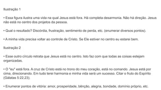 Ilustração 1
• Essa figura ilustra uma vida na qual Jesus está fora. Há completa desarmonia. Não há direção. Jesus
não está no centro dos projetos da pessoa.
• Qual o resultado? Discórdia, frustração, sentimento de perda, etc. (enumerar diversos pontos).
• A minha vida precisa voltar ao controle de Cristo. Se Ele estiver no centro eu estarei bem.
Ilustração 2
• Esse outro círculo retrata que Jesus está no centro. Isto faz com que todas as coisas estejam
organizadas.
• O "eu" está fora. A cruz de Cristo está no trono do meu coração, está no comando. Jesus está por
cima, direcionando. Em tudo terei harmonia e minha vida será um sucesso. Citar o fruto do Espírito
(Gálatas 5:22,23).
• Enumerar pontos de vitória: amor, prosperidade, bênção, alegria, bondade, domínio próprio, etc.
 
