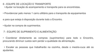 6 - EQUIPE DE LOCAÇÃO E TRANSPORTE
• Ajudar na locação do acampamento e transporte para os encontristas.
• Providenciar pelo menos 1 carro utilitário para o transporte de equipamentos
e para que esteja à disposição durante todo o Encontro.
• Ajudar na compra de suprimentos.
7 - EQUIPE DE SUPRIMENTO E ALIMENTAÇÃO
• Coordenar diretamente as compras (suprimentos) para todo o Encontro,
procurando diminuir custos sem perder a qualidade da alimentação.
• Escalar as pessoas que trabalharão na cozinha, desde o mestre-cuca até os
ajudantes.
 