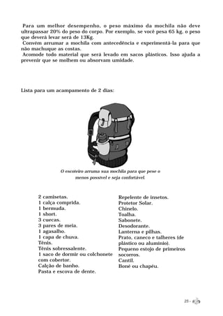 Para um melhor desempenho, o peso máximo da mochila não deve
ultrapassar 20% do peso do corpo. Por exemplo, se você pesa 65 kg, o peso
que deverá levar será de 13Kg.
 Convém arrumar a mochila com antecedência e experimentá-la para que
não machuque as costas.
 Acomode todo material que será levado em sacos plásticos. Isso ajuda a
prevenir que se molhem ou absorvam umidade.




Lista para um acampamento de 2 dias:




                O escoteiro arruma sua mochila para que pese o
                       menos possível e seja confortável.



       2 camisetas.                       Repelente de insetos.
       1 calça comprida.                  Protetor Solar.
       1 bermuda.                         Chinelo.
       1 short.                           Toalha.
       3 cuecas.                          Sabonete.
       3 pares de meia.                   Desodorante.
       1 agasalho.                        Lanterna e pilhas.
       1 capa de chuva.                   Prato, caneco e talheres (de
       Tênis.                             plástico ou alumínio).
       Tênis sobressalente.               Pequeno estojo de primeiros
       1 saco de dormir ou colchonete     socorros.
       com cobertor.                      Cantil.
       Calção de banho.                   Boné ou chapéu.
       Pasta e escova de dente.




                                                                     25 -
 