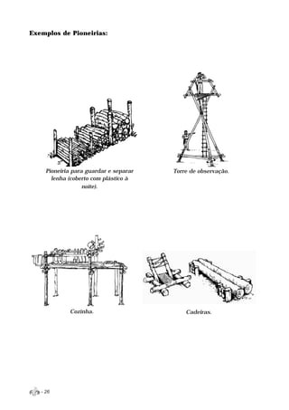 Exemplos de Pioneirias:




     Pioneiria para guardar e separar   Torre de observação.
       lenha (coberto com plástico à
                   noite).




             Cozinha.                       Cadeiras.




   - 26
 