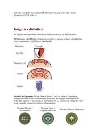 cada uma consiga ter pelo menos um Centro Escutista, disponível para todos os
Escuteiros, do CNE e não só.




Insígnias e distintivos
As insígnias no teu uniforme mostram até onde avançaste na tua Vida Escutista.

Distintivos de Identificação. Os primeiros distintivos que usas indicam a tua Patrulha,
o teu Agrupamento, o teu Núcleo e a tua Região.

 Distintivo                Exemplo


  Patrulha




Agrupamento




   Núcleo




   Região




Insígnias de Progresso. Adesão, Bronze, Prata e Ouro - as etapas do Sistema de
Progresso revelam os teus conhecimentos Escutistas. As insígnias de Competência
levam-te a explorar os teus interesses em muitas áreas. As insígnias de etapa usam-se no
braço esquerdo, e as de competência no braço direito.

   Etapa de Bronze /             Etapa de Prata /
                                                          Etapa de Ouro / Animação
      Autonomia                  Responsabilidade
 