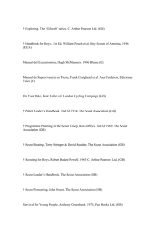 † Exploring. The ‘Gilcraft’ series. C. Arthur Pearson Ltd. (GB)



† Handbook for Boys, 1st Ed. William Pouch et al. Boy Scouts of America, 1946
(EUA)



Manual del Excursionista, Hugh McManners. 1996 Blume (E)



Manual de Supervivencia en Tierra, Frank Craighead et al. Ana Cerdeiras, Ediciones
Tutor (E)



On Your Bike, Kate Toller ed. London Cycling Campaign (GB)



† Patrol Leader’s Handbook. 2nd Ed 1974. The Scout Association (GB)



† Programme Planning in the Scout Troop, Ron Jeffries. 3rd Ed 1969. The Scout
Association (GB)



† Scout Boating, Terry Stringer & David Sturdee. The Scout Association (GB)



† Scouting for Boys, Robert Baden-Powell. 1963 C. Arthur Pearson Ltd. (GB)



† Scout Leader’s Handbook. The Scout Association (GB)



† Scout Pioneering, John Sweet. The Scout Association (GB)



Survival for Young People, Anthony Greenbank. 1975, Pan Books Ltd. (GB)
 