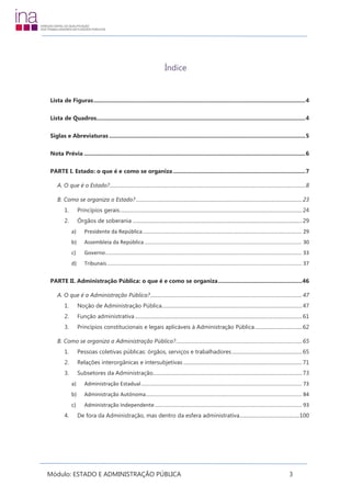 Módulo: ESTADO E ADMINISTRAÇÃO PÚBLICA 3
Índice
Lista de Figuras........................................................................................................................................4
Lista de Quadros......................................................................................................................................4
Siglas e Abreviaturas ..............................................................................................................................5
Nota Prévia ..............................................................................................................................................6
PARTE I. Estado: o que é e como se organiza.....................................................................................7
A. O que é o Estado?..........................................................................................................................................................8
B. Como se organiza o Estado? ..................................................................................................................................23
1. Princípios gerais...............................................................................................................................................24
2. Órgãos de soberania .....................................................................................................................................29
a) Presidente da República........................................................................................................... 29
b) Assembleia da República.......................................................................................................... 30
c) Governo.................................................................................................................................... 33
d) Tribunais................................................................................................................................... 37
PARTE II. Administração Pública: o que é e como se organiza......................................................46
A. O que é a Administração Pública?.......................................................................................................................47
1. Noção de Administração Pública..............................................................................................................47
2. Função administrativa ...................................................................................................................................61
3. Princípios constitucionais e legais aplicáveis à Administração Pública.....................................62
B. Como se organiza a Administração Pública?...................................................................................................65
1. Pessoas coletivas públicas: órgãos, serviços e trabalhadores.......................................................65
Relações interorgânicas e intersubjetivas .............................................................................................712.
Subsetores da Administração.....................................................................................................................733.
a) Administração Estadual............................................................................................................ 73
b) Administração Autónoma......................................................................................................... 84
c) Administração Independente................................................................................................... 93
De fora da Administração, mas dentro da esfera administrativa...............................................1004.
 