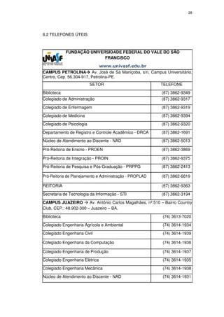 28




6.2 TELEFONES ÚTEIS



             FUNDAÇÃO UNIVERSIDADE FEDERAL DO VALE DO SÃO
                            FRANCISCO
                             www.univasf.edu.br
CAMPUS PETROLINA Av. José de Sá Maniçoba, s/n, Campus Universitário,
Centro, Cep. 56.304-917, Petrolina-PE.
                          SETOR                             TELEFONE

Biblioteca                                                   (87) 3862-9349
Colegiado de Administração                                   (87) 3862-9317

Colegiado de Enfermagem                                      (87) 3862-9319

Colegiado de Medicina                                        (87) 3862-9394

Colegiado de Psicologia                                      (87) 3862-9320

Departamento de Registro e Controle Acadêmico - DRCA         (87) 3862-1691

Núcleo de Atendimento ao Discente - NAD                      (87) 3862-5013

Pró-Reitoria de Ensino - PROEN                               (87) 3862-3869

Pró-Reitoria de Integração - PROIN                           (87) 3862-9375

Pró-Reitoria de Pesquisa e Pós-Graduação - PRPPG             (87) 3862-2413

Pró-Reitoria de Planejamento e Administração - PROPLAD       (87) 3862-6819

REITORIA                                                     (87) 3862-9363

Secretaria de Tecnologia da Informação - STI                 (87) 3862-3194

CAMPUS JUAZEIRO         Av. Antônio Carlos Magalhães, nº.510 – Bairro Country
Club, CEP.: 48.902-300 – Juazeiro – BA.

Biblioteca                                                   (74) 3613-7020

Colegiado Engenharia Agrícola e Ambiental                    (74) 3614-1934

Colegiado Engenharia Civil                                   (74) 3614-1939

Colegiado Engenharia da Computação                           (74) 3614-1936

Colegiado Engenharia de Produção                             (74) 3614-1937
Colegiado Engenharia Elétrica                                (74) 3614-1935

Colegiado Engenharia Mecânica                                (74) 3614-1938

Núcleo de Atendimento ao Discente - NAD                      (74) 3614-1931
 