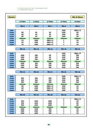 T E C N O L O G I A S D E I N F O R M A Ç Ã O
E C O M U N I C A Ç Ã O
40
Horário Mês de Março
2ª Feira 3ª feira 4ª Feira 5ª Feira 6ª feira
Dia 5 Dia 6 Dia 7 Dia 8 Dia 9
9:00 CCE CKG e T
10:00 CP TJ TJ CCE CP
11:00 CP TJ TJ CCE CP
12:00 CP TJ TJ CCE CP
13:00 Almoço Almoço Almoço Almoço Almoço
14:00 TJ COE CKG e T I TJ
15:00 TJ COE CKG e T I TJ
16:00 TJ COE CKG e T I TJ
Dia 12 Dia 13 Dia 14 Dia 15 Dia 16
9:00 CCE CKG e T
10:00 COE TIC CP CCE TIC
11:00 COE TIC CP CCE TIC
12:00 COE TIC CP CCE TIC
13:00 Almoço Almoço Almoço Almoço Almoço
14:00 COE TIC TIC CCE TIC
15:00 COE TIC TIC CCE TIC
16:00 COE TIC TIC CCE TIC
Dia 19 Dia 20 Dia 21 Dia 22 Dia 23
9:00 CCE CKG e T
10:00 TIC TIC TIC CCE TIC
11:00 TIC TIC TIC CCE TIC
12:00 TIC TIC TIC CCE TIC
13:00 Almoço Almoço Almoço Almoço Almoço
14:00 CP COE CKG e T CCE TJ
15:00 CP COE CKG e T CCE TJ
16:00 CP COE CKG e T CCE TJ
Dia 26 Dia 27 Dia 28 Dia 29 Dia 30
9:00 I CKG e T
10:00 TIC CCE COE I CP
11:00 TIC CCE COE I CP
12:00 TIC CCE COE I CP
13:00 Almoço Almoço Almoço Almoço Almoço
14:00 COE CCE TIC I TJ
15:00 COE CCE TIC I TJ
16:00 COE CCE TIC I TJ
 