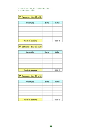 T E C N O L O G I A S D E I N F O R M A Ç Ã O
E C O M U N I C A Ç Ã O
52
3ª Semana - dias 12 a 18
Descrição Data Valor
Total da semana 0,00 €
4ª Semana - dias 19 a 25
Descrição Data Valor
Total da semana 0,00 €
5ª Semana - dias 26 a 31
Descrição Data Valor
Total da semana 0,00 €
 