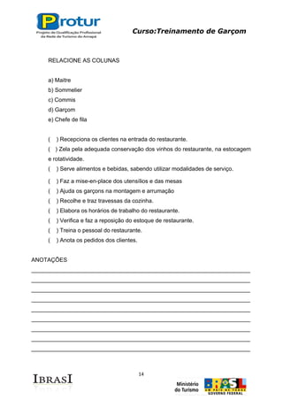 Curso:Treinamento de Garçom
14
RELACIONE AS COLUNAS
a) Maitre
b) Sommelier
c) Commis
d) Garçom
e) Chefe de fila
( ) Recepciona os clientes na entrada do restaurante.
( ) Zela pela adequada conservação dos vinhos do restaurante, na estocagem
e rotatividade.
( ) Serve alimentos e bebidas, sabendo utilizar modalidades de serviço.
( ) Faz a mise-en-place dos utensílios e das mesas
( ) Ajuda os garçons na montagem e arrumação
( ) Recolhe e traz travessas da cozinha.
( ) Elabora os horários de trabalho do restaurante.
( ) Verifica e faz a reposição do estoque de restaurante.
( ) Treina o pessoal do restaurante.
( ) Anota os pedidos dos clientes.
ANOTAÇÕES
_____________________________________________________________________
_____________________________________________________________________
_____________________________________________________________________
_____________________________________________________________________
_____________________________________________________________________
_____________________________________________________________________
_____________________________________________________________________
_____________________________________________________________________
_____________________________________________________________________
 