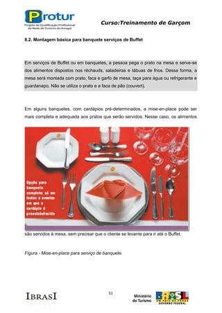 Curso:Treinamento de Garçom
51
8.2. Montagem básica para banquete serviços de Buffet
Em serviços de Buffet ou em banquetes, a pessoa pega o prato na mesa e serve-se
dos alimentos dispostos nos réchauds, saladeiras e tábuas de frios. Dessa forma, a
mesa será montada com prato, faca e garfo de mesa, taça para água ou refrigerante e
guardanapo. Não se utiliza o prato e a faca de pão (couvert).
Em alguns banquetes, com cardápios pré-determinados, a mise-en-place pode ser
mais completa e adequada aos pratos que serão servidos. Nesse caso, os alimentos
são servidos à mesa, sem precisar que o cliente se levante para ir até o Buffet.
Figura - Mise-en-place para serviço de banquete.
 