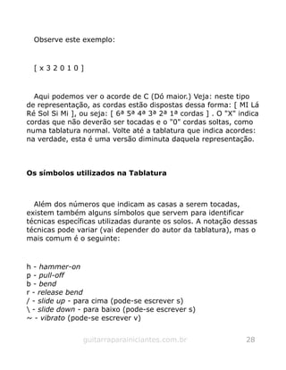 Observe este exemplo:
[ x 3 2 0 1 0 ]
Aqui podemos ver o acorde de C (Dó maior.) Veja: neste tipo
de representação, as cordas estão dispostas dessa forma: [ MI Lá
Ré Sol Si Mi ], ou seja: [ 6ª 5ª 4ª 3ª 2ª 1ª cordas ] . O "X" indica
cordas que não deverão ser tocadas e o "0" cordas soltas, como
numa tablatura normal. Volte até a tablatura que indica acordes:
na verdade, esta é uma versão diminuta daquela representação.
Os símbolos utilizados na Tablatura
Além dos números que indicam as casas a serem tocadas,
existem também alguns símbolos que servem para identificar
técnicas específicas utilizadas durante os solos. A notação dessas
técnicas pode variar (vai depender do autor da tablatura), mas o
mais comum é o seguinte:
h - hammer-on
p - pull-off
b - bend
r - release bend
/ - slide up - para cima (pode-se escrever s)
 - slide down - para baixo (pode-se escrever s)
~ - vibrato (pode-se escrever v)
guitarraparainiciantes.com.br 28
 