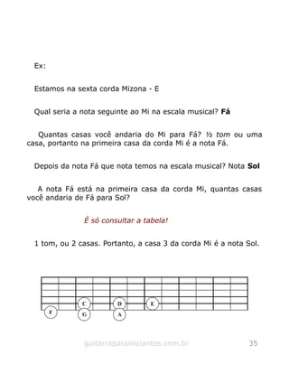 Ex:
Estamos na sexta corda Mizona - E
Qual seria a nota seguinte ao Mi na escala musical? Fá
Quantas casas você andaria do Mi para Fá? ½ tom ou uma
casa, portanto na primeira casa da corda Mi é a nota Fá.
Depois da nota Fá que nota temos na escala musical? Nota Sol
A nota Fá está na primeira casa da corda Mi, quantas casas
você andaria de Fá para Sol?
É só consultar a tabela!
1 tom, ou 2 casas. Portanto, a casa 3 da corda Mi é a nota Sol.
guitarraparainiciantes.com.br 35
 