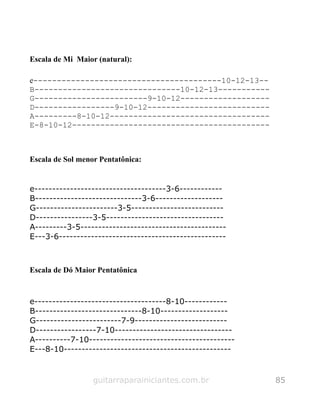 Escala de Mi Maior (natural):
e----------------------------------------10-12-13--
B-------------------------------10-12-13-----------
G------------------------9-10-12-------------------
D-----------------9-10-12--------------------------
A---------8-10-12----------------------------------
E-8-10-12------------------------------------------
Escala de Sol menor Pentatônica:
e-------------------------------------3-6------------
B------------------------------3-6-------------------
G-----------------------3-5--------------------------
D----------------3-5---------------------------------
A---------3-5-----------------------------------------
E---3-6-----------------------------------------------
Escala de Dó Maior Pentatônica
e-------------------------------------8-10------------
B------------------------------8-10-------------------
G------------------------7-9--------------------------
D-----------------7-10---------------------------------
A----------7-10-----------------------------------------
E---8-10-----------------------------------------------
guitarraparainiciantes.com.br 85
 